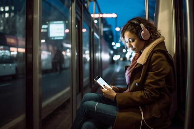 A person on a train wearing headphones and listening to a podcast on their smartphone. The background shows blurred city scenery, symbolizing on-the-go listening.