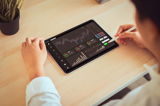 A person holding a tablet with a dashboard showing podcast analytics, including audience growth, downloads, and engagement metrics. The scene is an office setting.