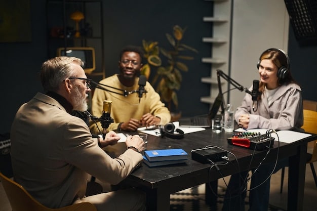 A group of podcasters participating in a round table discussion at a conference, focused on niche podcasting strategies. The environment is interactive and collaborative, reflecting the exchange of ideas and shared learning experiences.