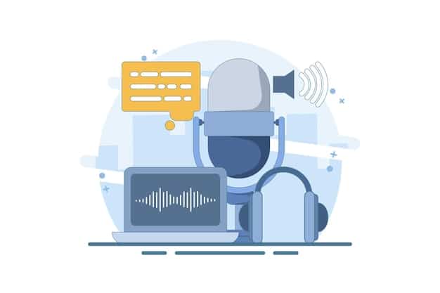 A graphic illustrating the AI-powered podcast production workflow, showing steps like AI-assisted scriptwriting, automated audio editing, intelligent noise reduction, and AI-driven audience analytics.