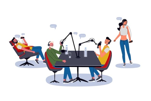 A stylized depiction of a diverse group of podcasters, of various ages and backgrounds, using microphones and headphones, with digital dollar signs and growth charts subtly floating around them, symbolizing increased monetization opportunities.