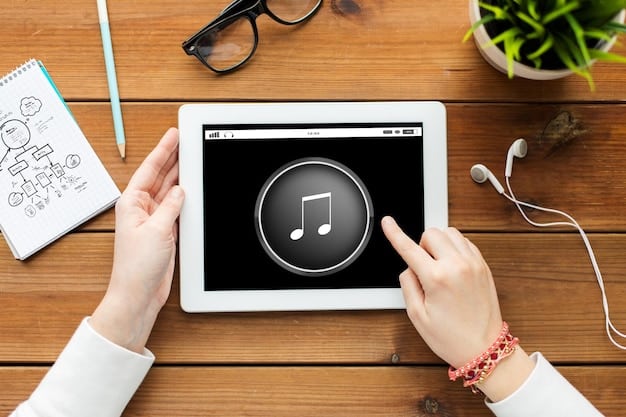 A detailed close-up of a hand clicking on a musical note icon on a laptop screen, symbolizing the digital interaction with music licensing, with a subtle overlay of financial charts.