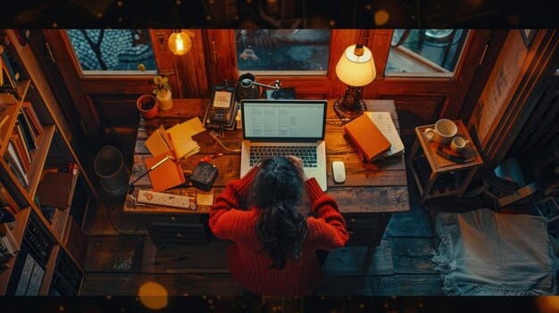 A person sitting at a desk, surrounded by books and papers, carefully researching information on a laptop screen. The scene is brightly lit, conveying focused concentration.