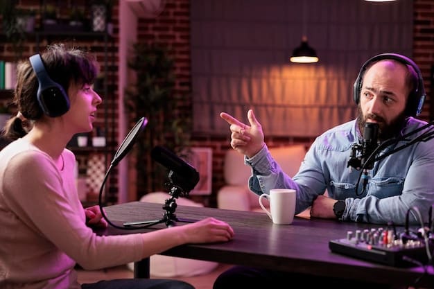 A podcast host gesturing animatedly while interviewing a guest. The guest is leaning forward, engaged and smiling. The scene is a modern podcast studio with warm lighting.