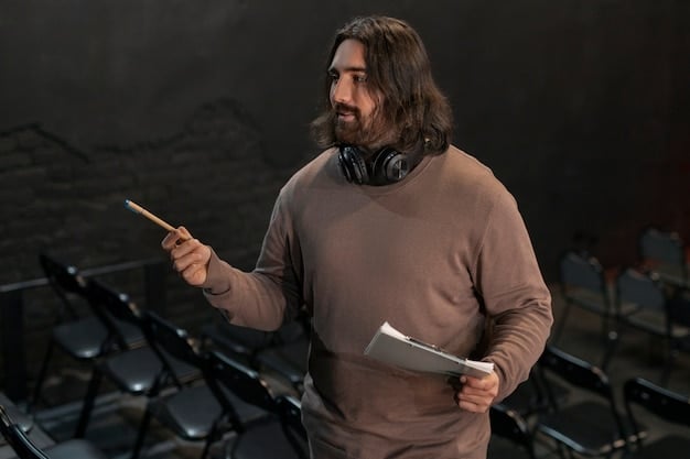 Close-up of a person subtly gesturing towards a set of notes or a teleprompter during a podcast interview. The lighting is warm, and the person has a focused expression.