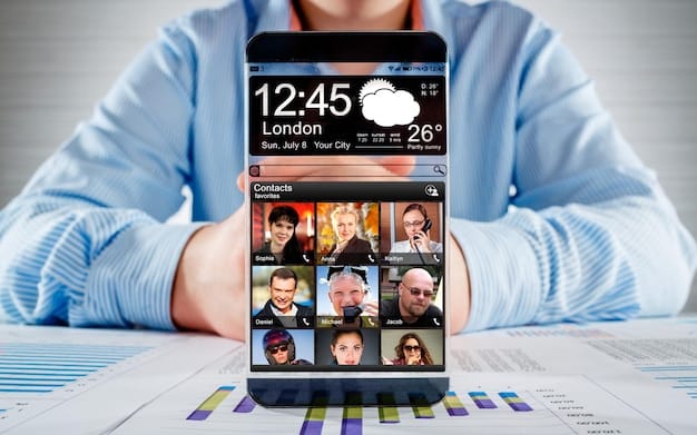 A close-up of a smartphone displaying a scheduling app with various confirmed podcast interviews highlighted. The screen emphasizes features like automated reminders, time zone synchronization, and customizable availability settings. The background is blurred, suggesting a busy professional using the app on the go.