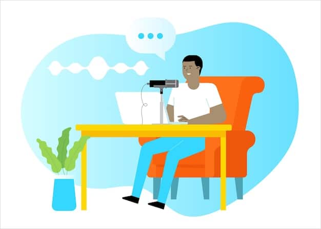 A person typing a compelling email on a laptop, with a thought bubble showing a microphone and satisfied listeners, representing a successful podcast pitch.