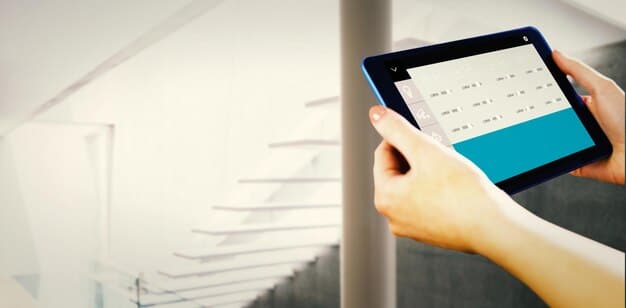 A person's hand interacting with a scheduling software interface on a tablet, with various meeting slots and guest names clearly visible, emphasizing ease of use and digital organization.