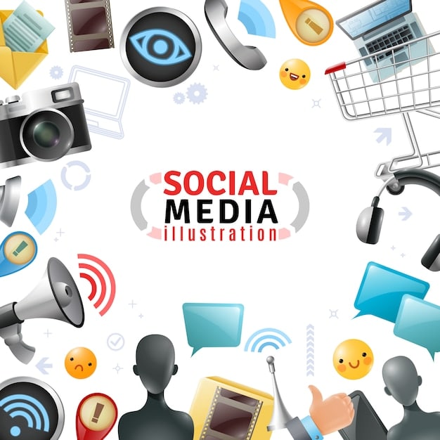 An image displaying various social media platforms logos (Facebook, Instagram, Twitter, LinkedIn) arranged around a central microphone icon, signifying the use of social media in podcast promotion.