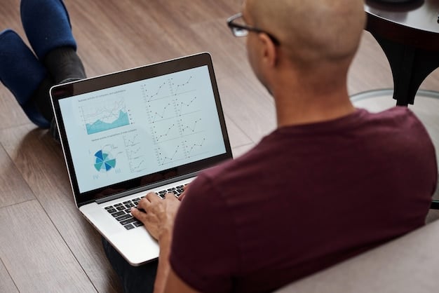 A person sitting at a desk, using a laptop to conduct market research. The screen displays a keyword research tool with charts and graphs showing search volume and competition levels.