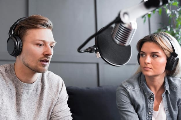Two podcast microphones shown side-by-side with headphones, symbolizing a collaborative podcast episode or guest appearance. The image is clean and professional.