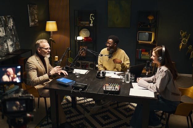 A diverse group of podcasters and content creators in a collaborative brainstorming session, surrounded by whiteboards filled with content ideas, charts, and diagrams, symbolizing data-driven strategy and creative planning.