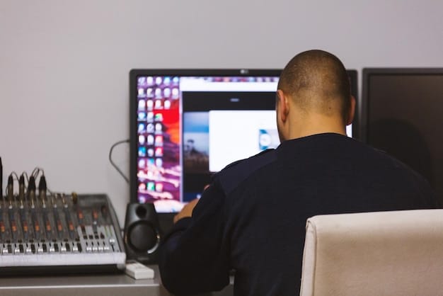A professional audio engineer intently studying a large, curved monitor displaying intricate audio waveforms and mixer settings within a state-of-the-art recording studio. Light reflections from the screen highlight their focused expression.
