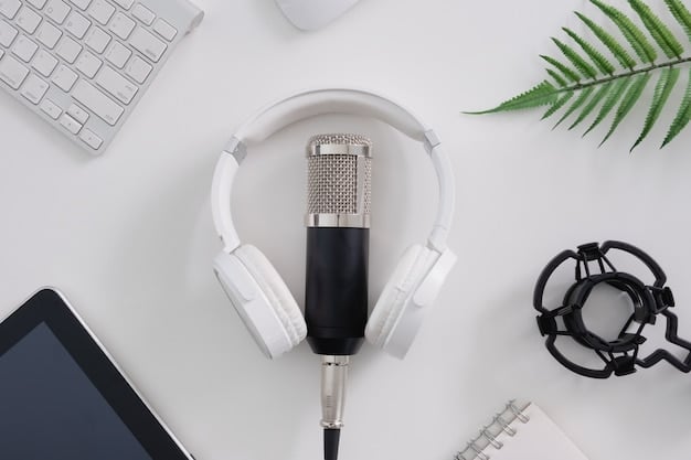 A sleek, minimalistic podcast studio setup featuring a high-quality microphone, professional headphones, and a laptop displaying a modern editing software interface, suggesting efficiency and focus. Soft, ambient lighting creates a creative atmosphere.