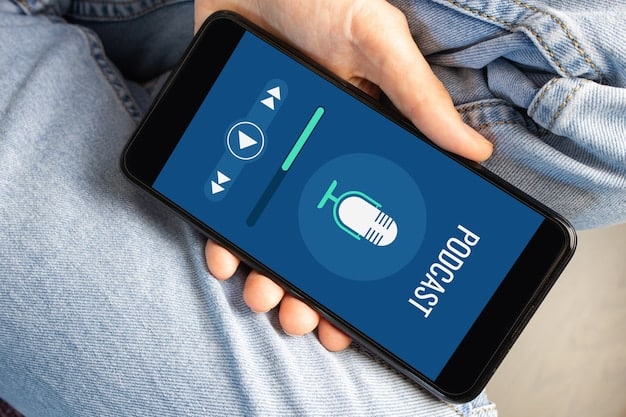 A close-up of a smartphone displaying a podcast app, with several logos of potential US sponsors visible.