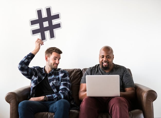 A split-screen image. On one side, a person is researching hashtags on a laptop with tools like Hashtagify or RiteTag displayed. On the other side, a smartphone shows a social media post with a strategic mix of broad and niche hashtags.