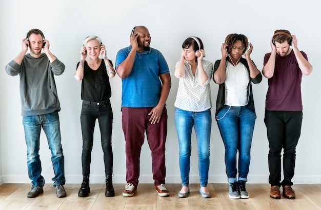 A diverse group of people from different age groups and backgrounds, some wearing headphones, representing a broad demographic of podcast listeners. Analytics data points float around them, suggesting audience segmentation.