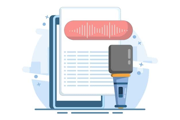A stylized illustration of a legal document overlayed with a podcast microphone and sound waves, symbolizing the legal aspects of podcasting and broadcasting.