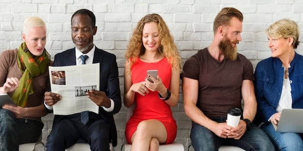 A diverse group of people listening to podcasts on various devices, with thought bubbles above their heads showing advertising slogans, illustrating audience engagement and ad reception.