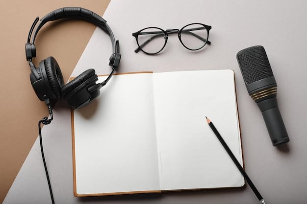 A microphone and headphones laid on a table with a notepad and pen, symbolizing preparation and ethics in audio production, with soft, natural lighting.
