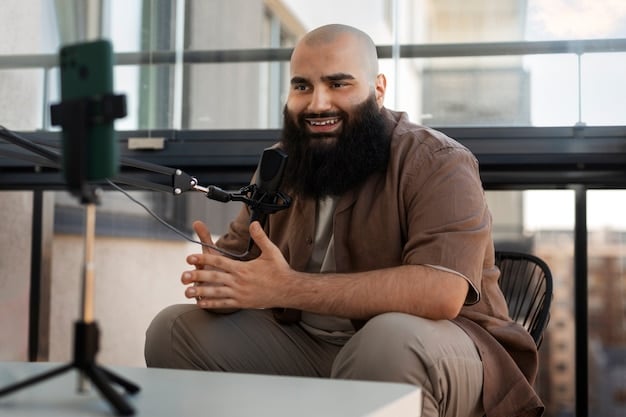 A person speaking confidently into a microphone in a modern podcast studio, representing effective communication.