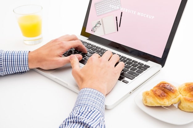 A person's hand typing on a laptop keyboard, screen showing a social media scheduling tool with various posts lined up. A podcast logo is subtly visible in the background.