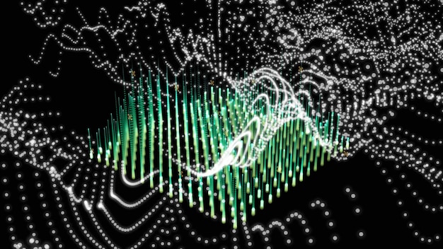 A close-up of a microphone with sound waves emanating, superimposed with digital graphs and currency symbols, representing the intersection of audio content and financial growth.