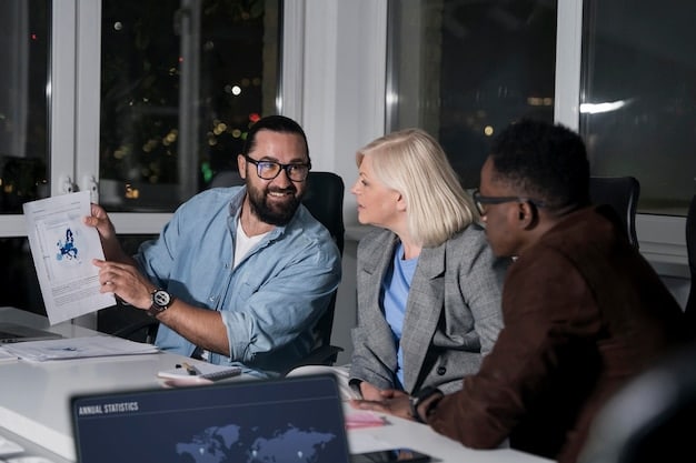 A diverse group of business professionals in a meeting room, looking at charts and discussing strategies, with subtle podcasting elements like microphones on the table, symbolizing collaborative decision-making in response to new regulations.