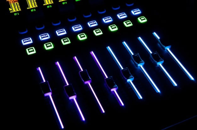 A sleek, modern audio mixer with multiple input channels, faders, and illuminated buttons, connected to a laptop with podcasting software.