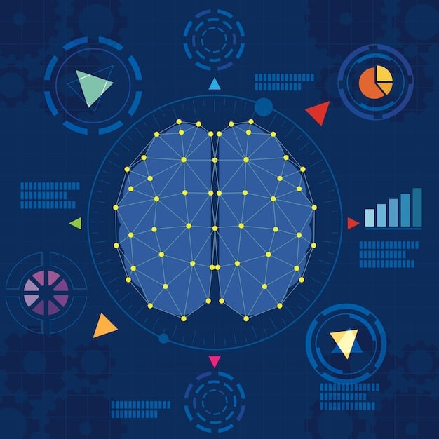 A stylized infographic showcasing data points converging into an AI brain, illustrating data analysis and strategic decision-making in podcast marketing.