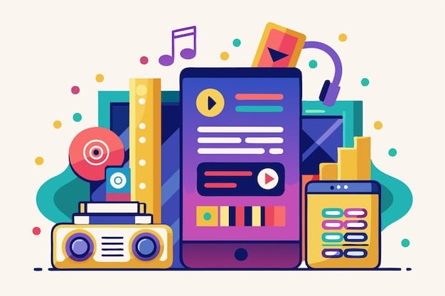 A digital illustration showing various interconnected devices (smartphone, tablet, laptop) displaying podcast interfaces, with data privacy icons overlaid, symbolizing the new data regulations affecting podcast advertising.