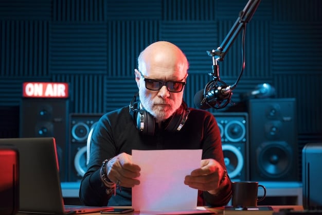 A podcaster looking thoughtfully at a computer screen displaying regulatory documents and a microphone, with a worried expression, symbolizing the impact of new rules.