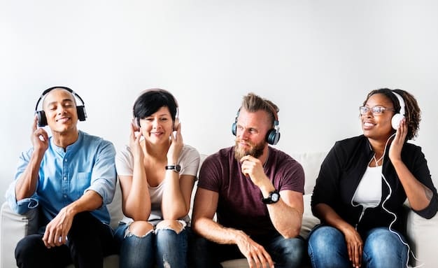 A diverse group of people listening to podcasts through headphones, illustrating audience engagement and demographic reach.